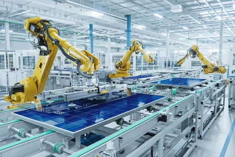 Roboter stellen in einer Fabrik an einem Fließband Solarmodule her.